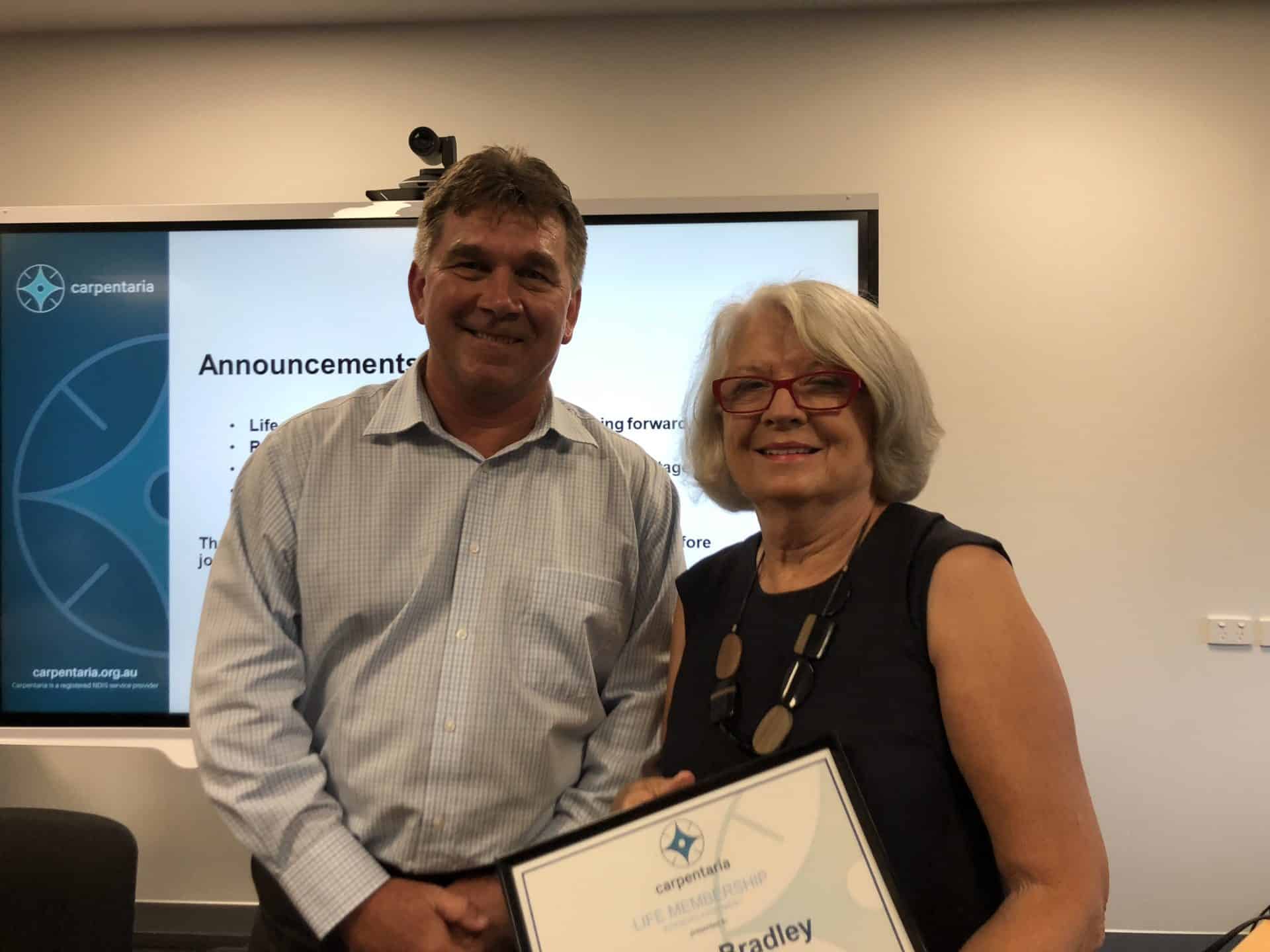 Carpentaria Life Member Sue Bradley with Chairperson Peter Stewart