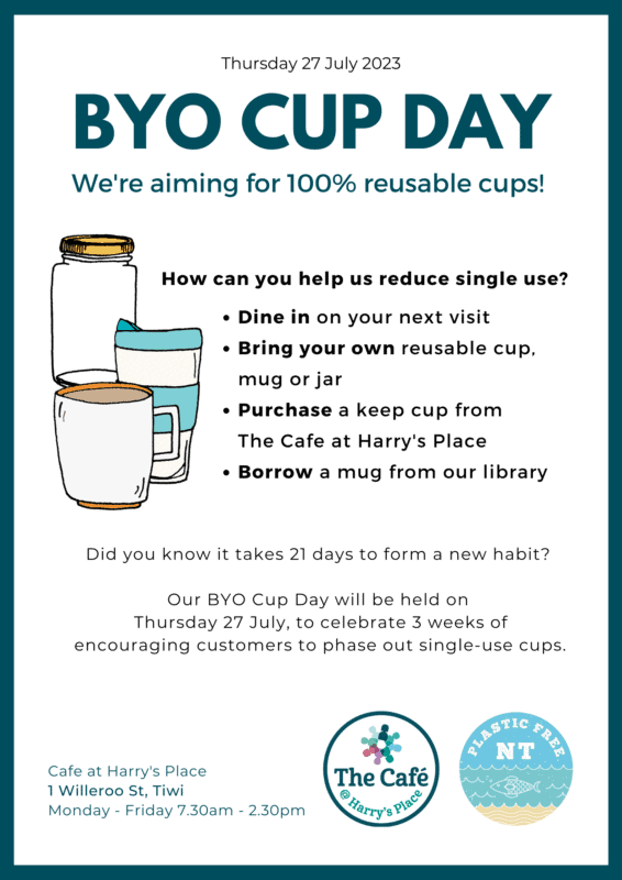 This poster invites you to BYO Cup Day on Thursday 27 July at Cafe at Harry's Place. The poster suggests options for reducing single-use items. 