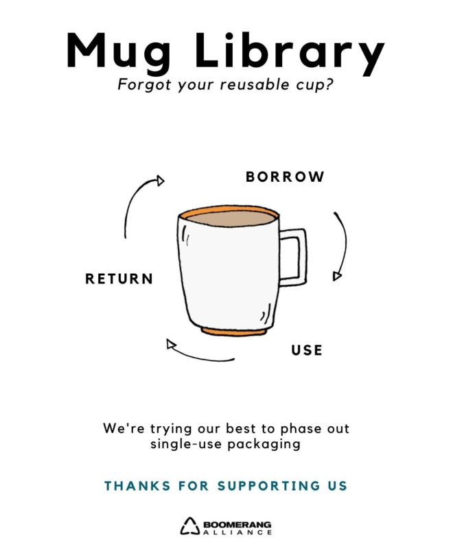 This graphic explains the concept of a mug library. There are arrows showing the cycle of borrow, use, return in a circle around a mug. Text reads 'we're trying our best to phase out single-use packaging.'